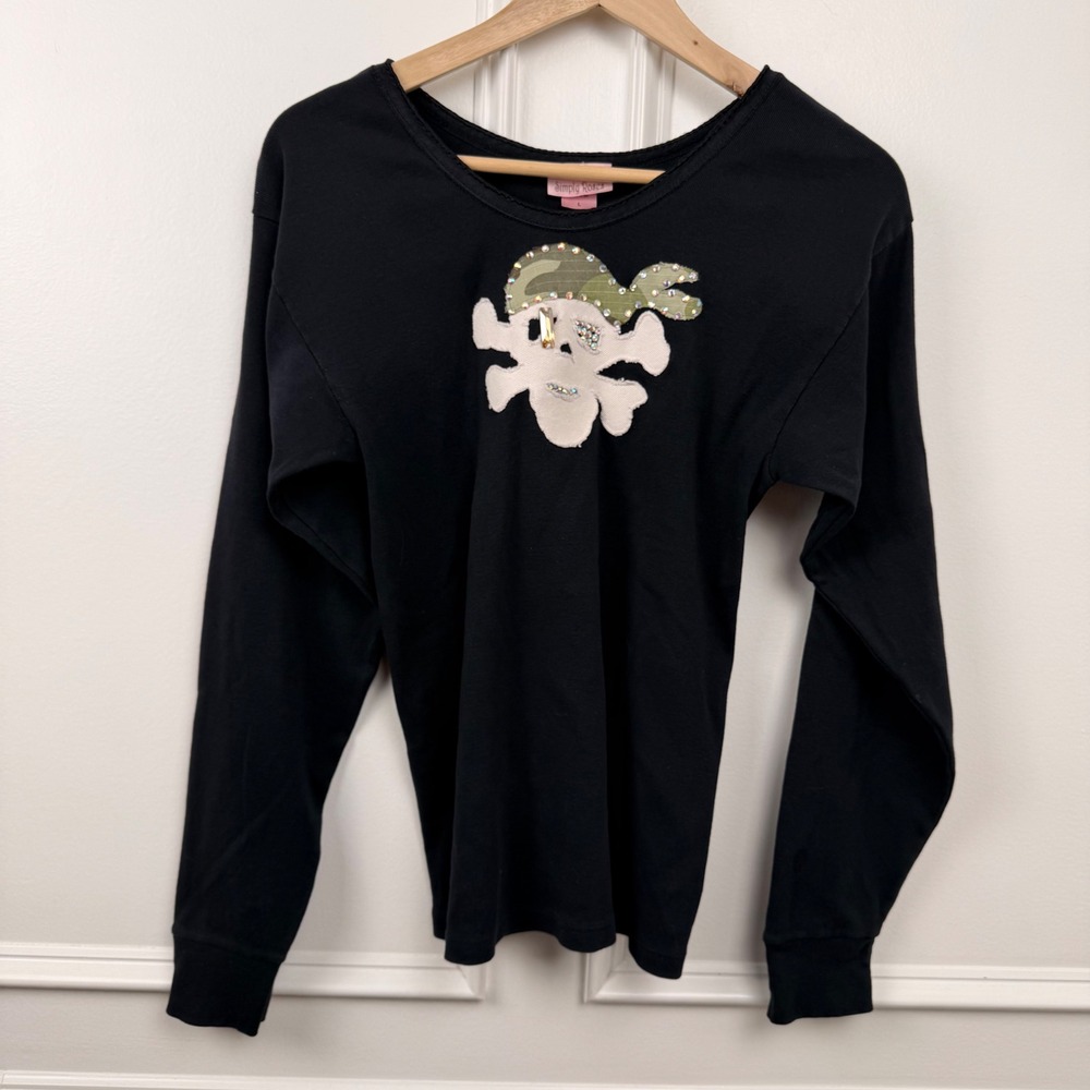 Simply Roses Black Skull Camo Bandana Rhinestone Long Sleeve Top Womens Large